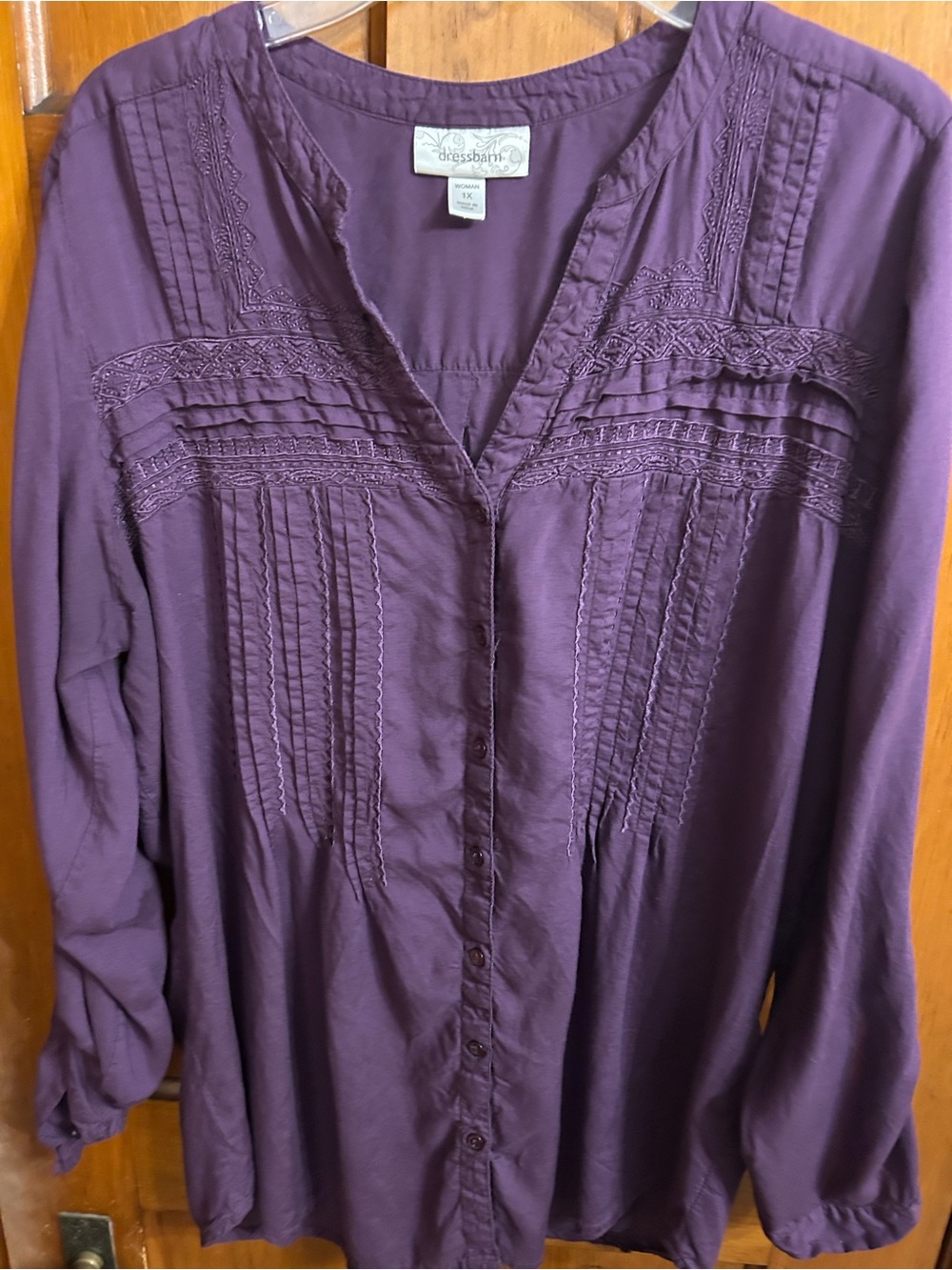 Dress Barn Brand Purple Pintuck Button-Front Women's Blouse,1X